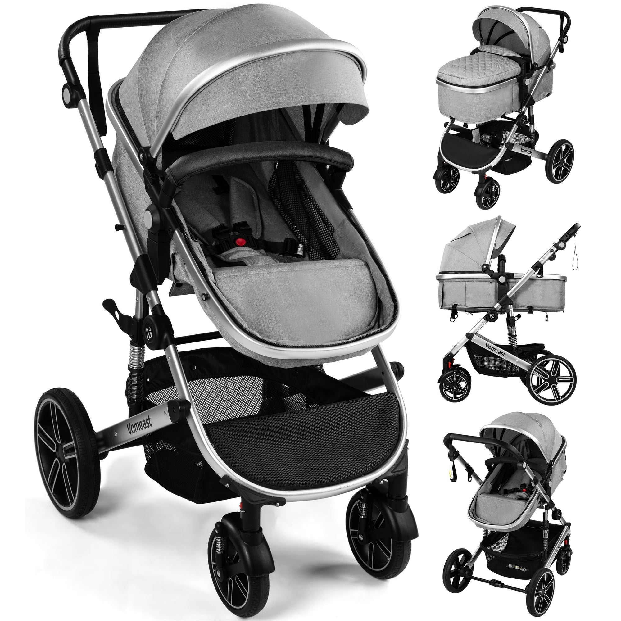 Vomeast Baby Stroller, Foldable Aluminum Alloy Stroller with Reversible, Travel Stroller for Newborn Infant, Grey