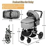 Vomeast Baby Stroller, Foldable Aluminum Alloy Stroller with Reversible, Travel Stroller for Newborn Infant, Grey