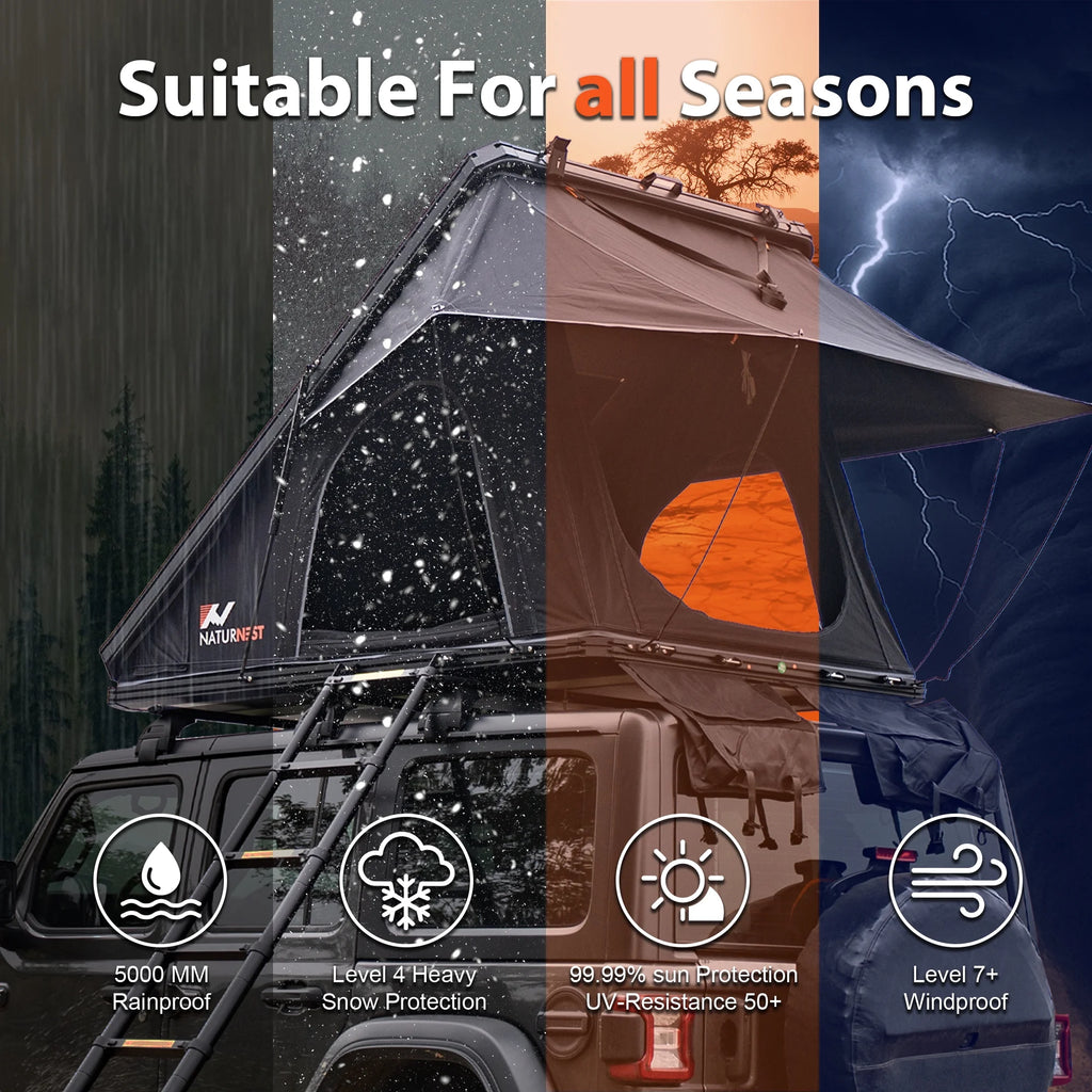 Naturnest Rooftop Tent Hard Shell, Easy Set Up Pop Up Tent for 2 Person Camping, Waterproof Windproof UV-Resistant Blackout Privacy 4 Season Tents for Truck, Jeep, SUV, Van, Trailer - Polaris Plus