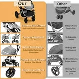 Vomeast Baby Stroller, Foldable Aluminum Alloy Stroller with Reversible, Travel Stroller for Newborn Infant, Grey