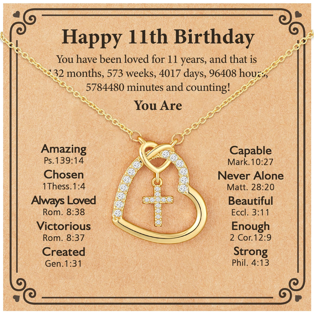 APSVO Birthday Gifts for 11 Year Old Girls Kids 18K Gold Plated Love Heart Cross Necklace CZ Pendant Chain Birthday Stuff Accessory Decoration Jewelry Ideas Eleventh Yr Tween Preteen Daughter Age