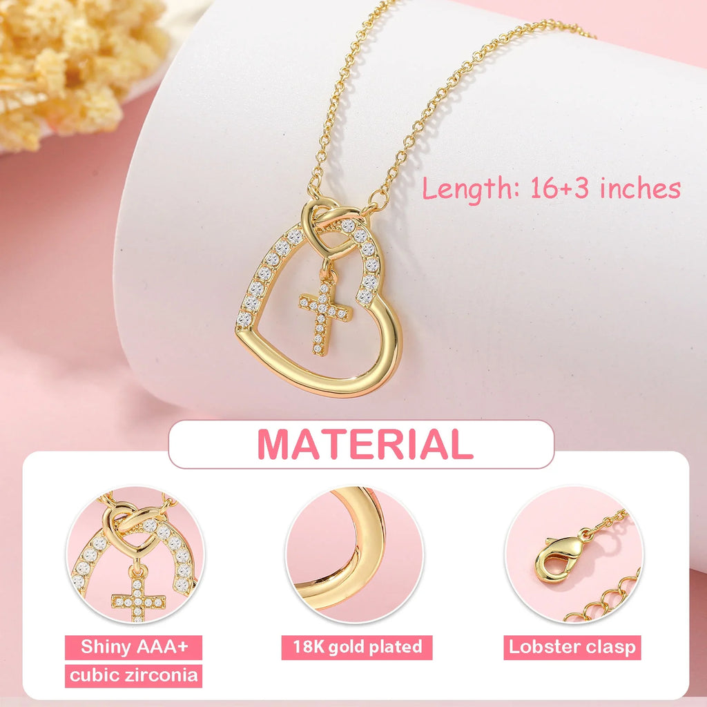 APSVO Birthday Gifts for 11 Year Old Girls Kids 18K Gold Plated Love Heart Cross Necklace CZ Pendant Chain Birthday Stuff Accessory Decoration Jewelry Ideas Eleventh Yr Tween Preteen Daughter Age