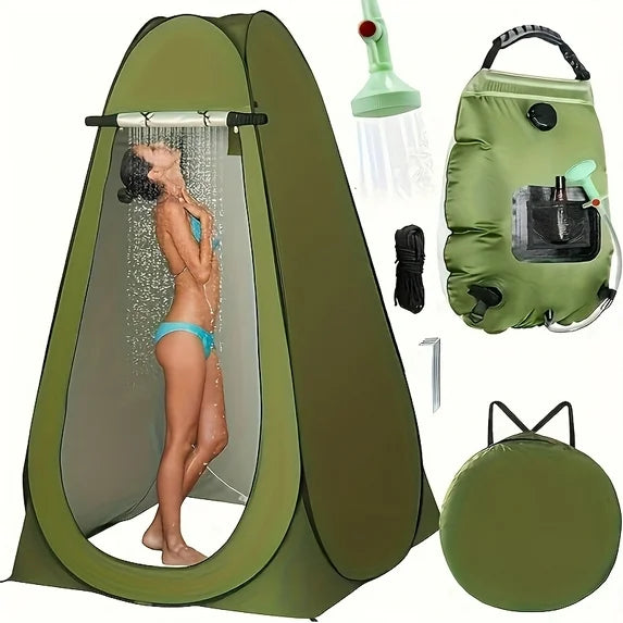 FANRUINA 2 Pack Pop Up Privacy Tent Camping Shower Set 5 Gallon Solar Shower Bag Waterproof Instant Setup For Hiking Fishing Beach Use Green Outdoor Shower Tent