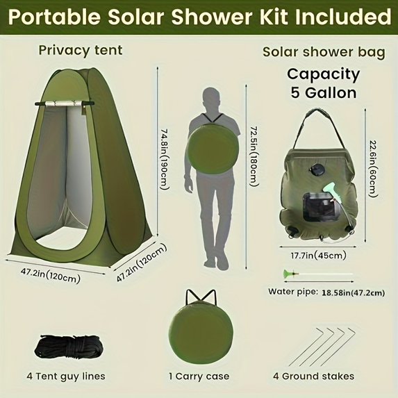 FANRUINA 2 Pack Pop Up Privacy Tent Camping Shower Set 5 Gallon Solar Shower Bag Waterproof Instant Setup For Hiking Fishing Beach Use Green Outdoor Shower Tent