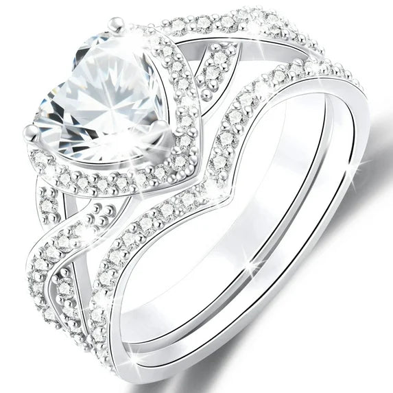 APSVO 18K White Gold Plated Love Heart Wedding Rings for Women CZ S925 Sterling Silver Eternity Promise Band Engagement Rings Set Birthday Christmas Jewelry Gifts Mom Girlfriend Stocking Stuffers