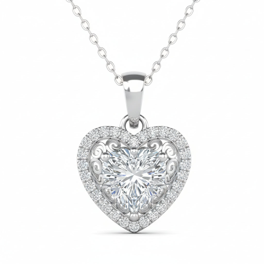 Cate & Chloe Amora 18k White Gold Plated Heart Pendant Necklace with Simulated Diamonds for Women