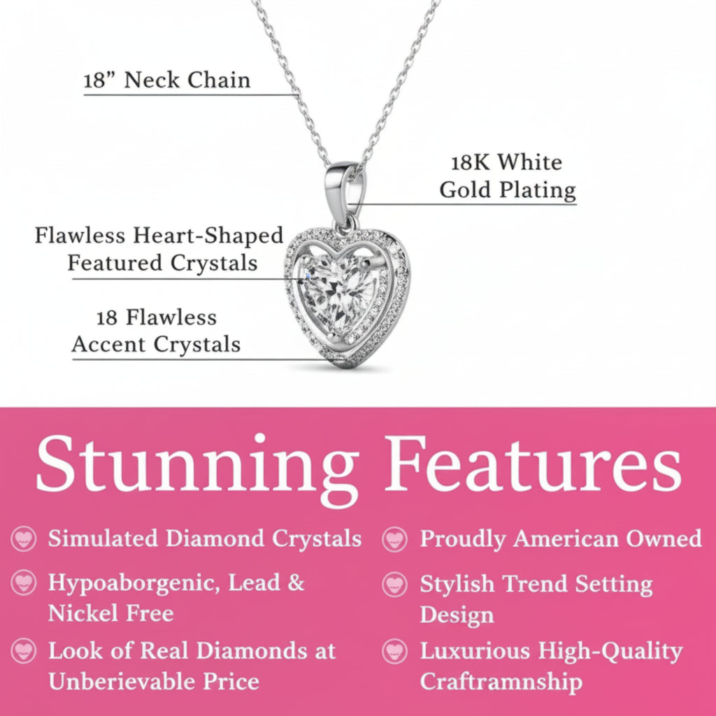 Cate & Chloe Amora 18k White Gold Plated Heart Pendant Necklace with Simulated Diamonds for Women