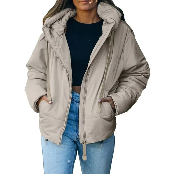 SHEWIN Womens Hooded Puffer Jacket Full Zipper Short Coat with Pockets Winter Warm Outerwear Petite