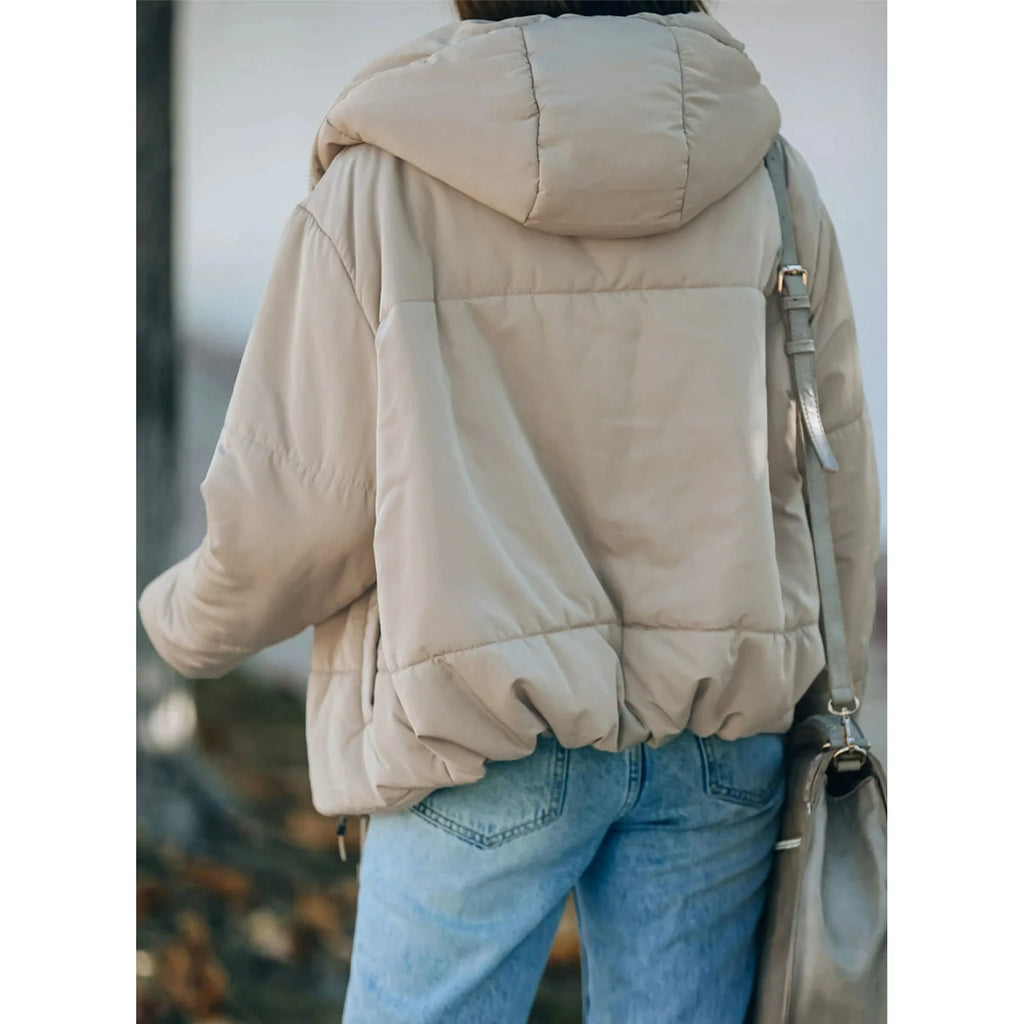 SHEWIN Womens Hooded Puffer Jacket Full Zipper Short Coat with Pockets Winter Warm Outerwear Petite