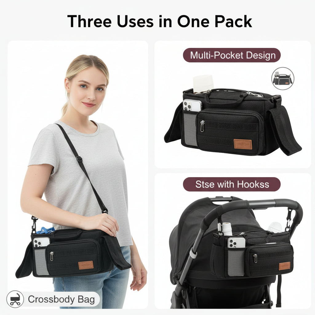 Momcozy Universal Stroller Organizer with Insulated Cup Holder & Shoulder Strap, Black