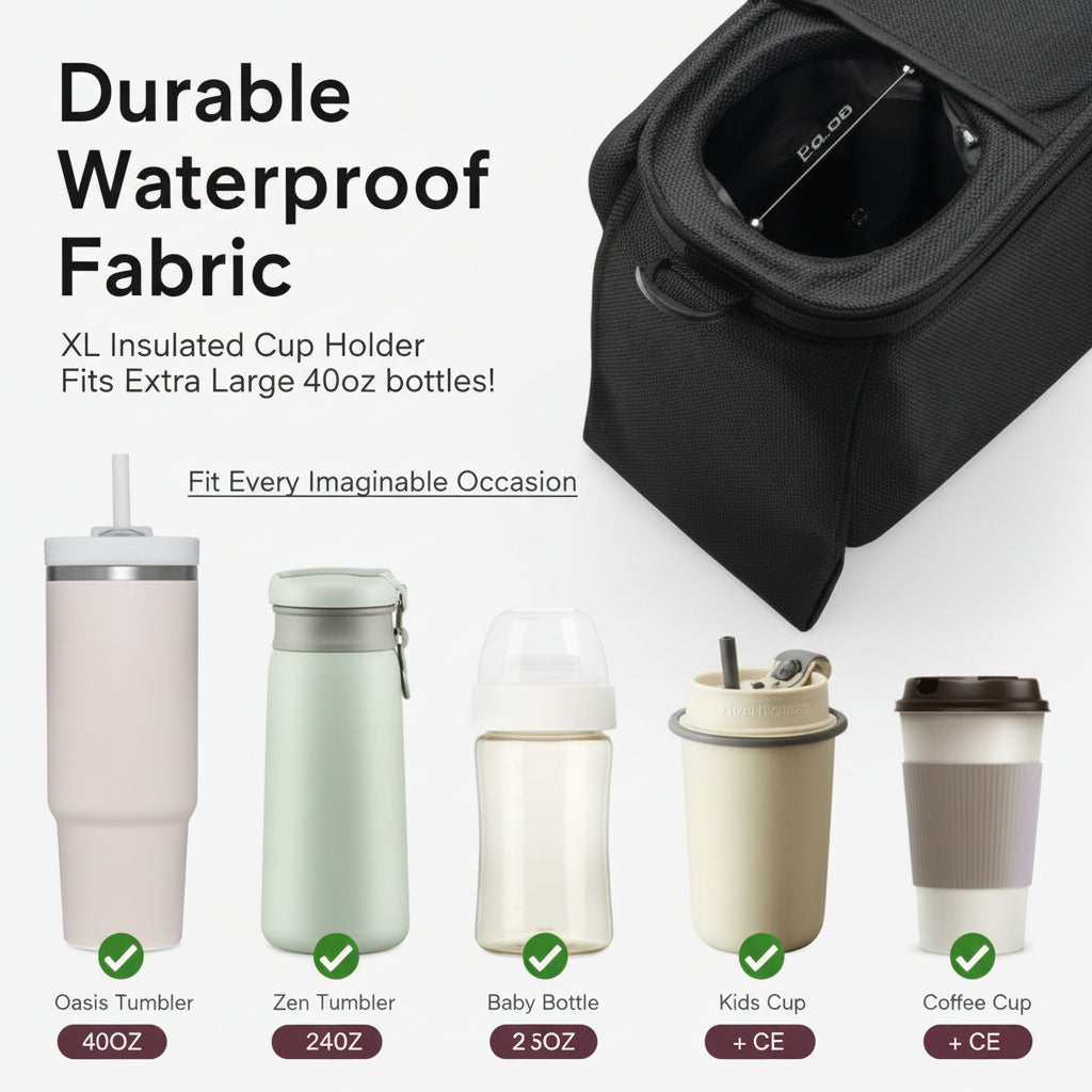 Momcozy Universal Stroller Organizer with Insulated Cup Holder & Shoulder Strap, Black