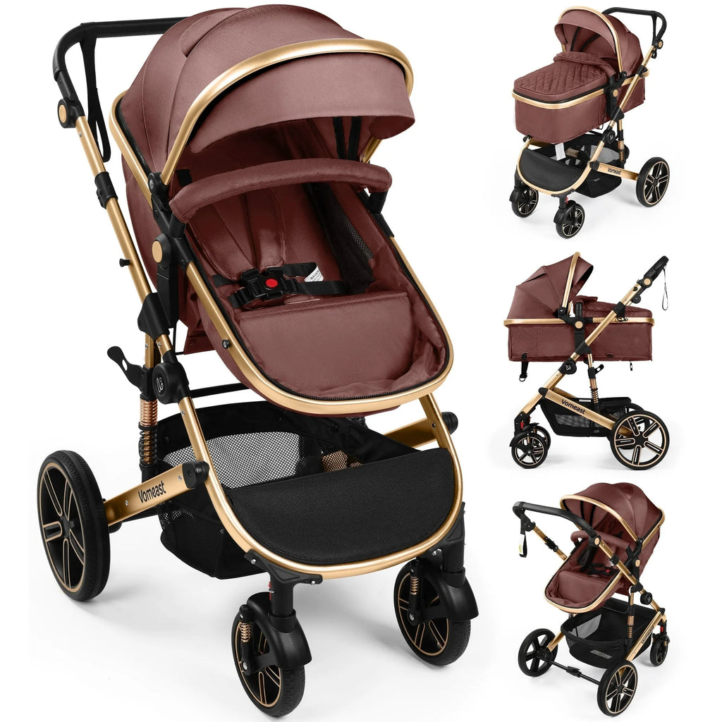 Vomeast Baby Stroller, Foldable Aluminum Alloy Stroller with Reversible, Travel Stroller for Newborn Infant, Brown