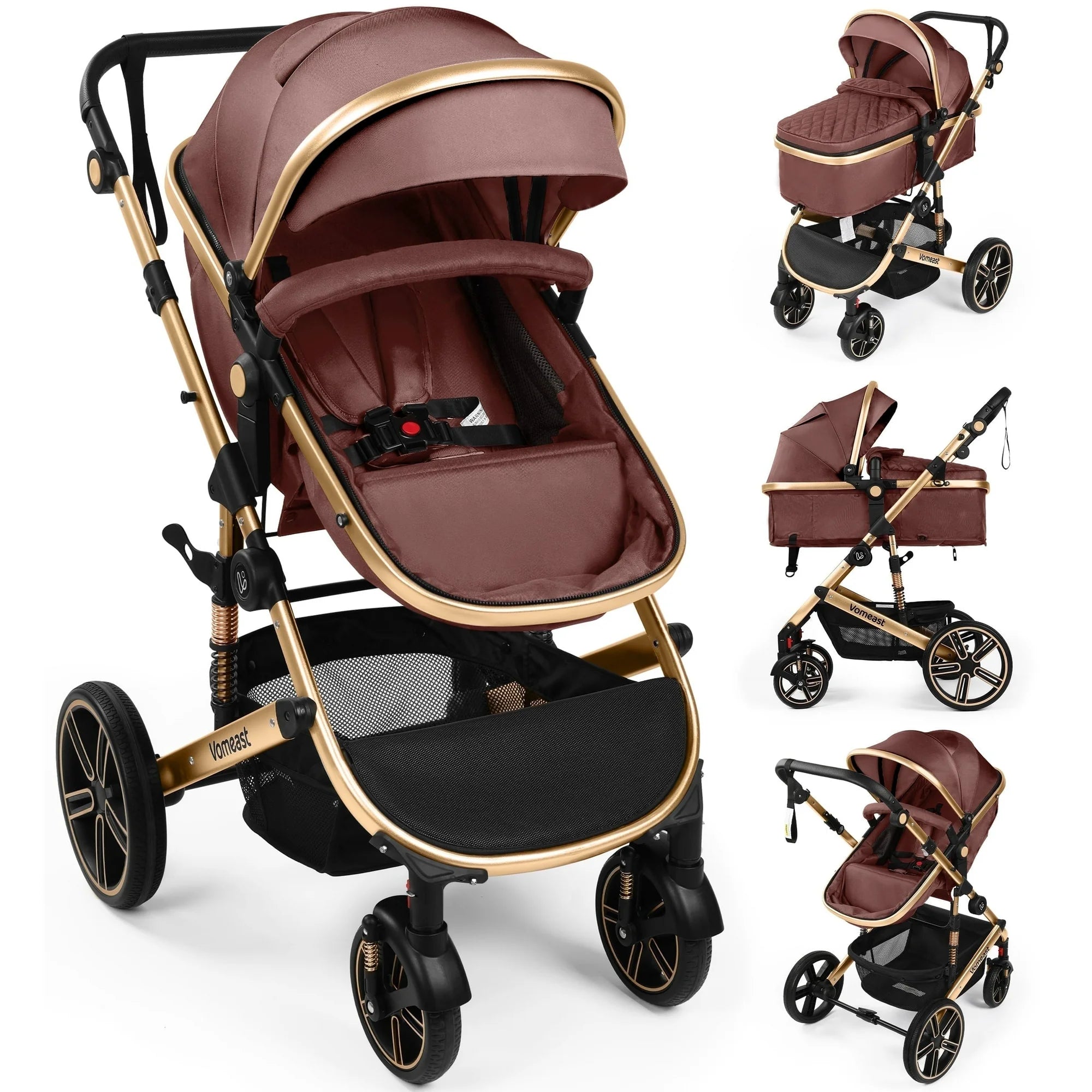 Vomeast Baby Stroller, Foldable Aluminum Alloy Stroller with Reversible, Travel Stroller for Newborn Infant, Brown
