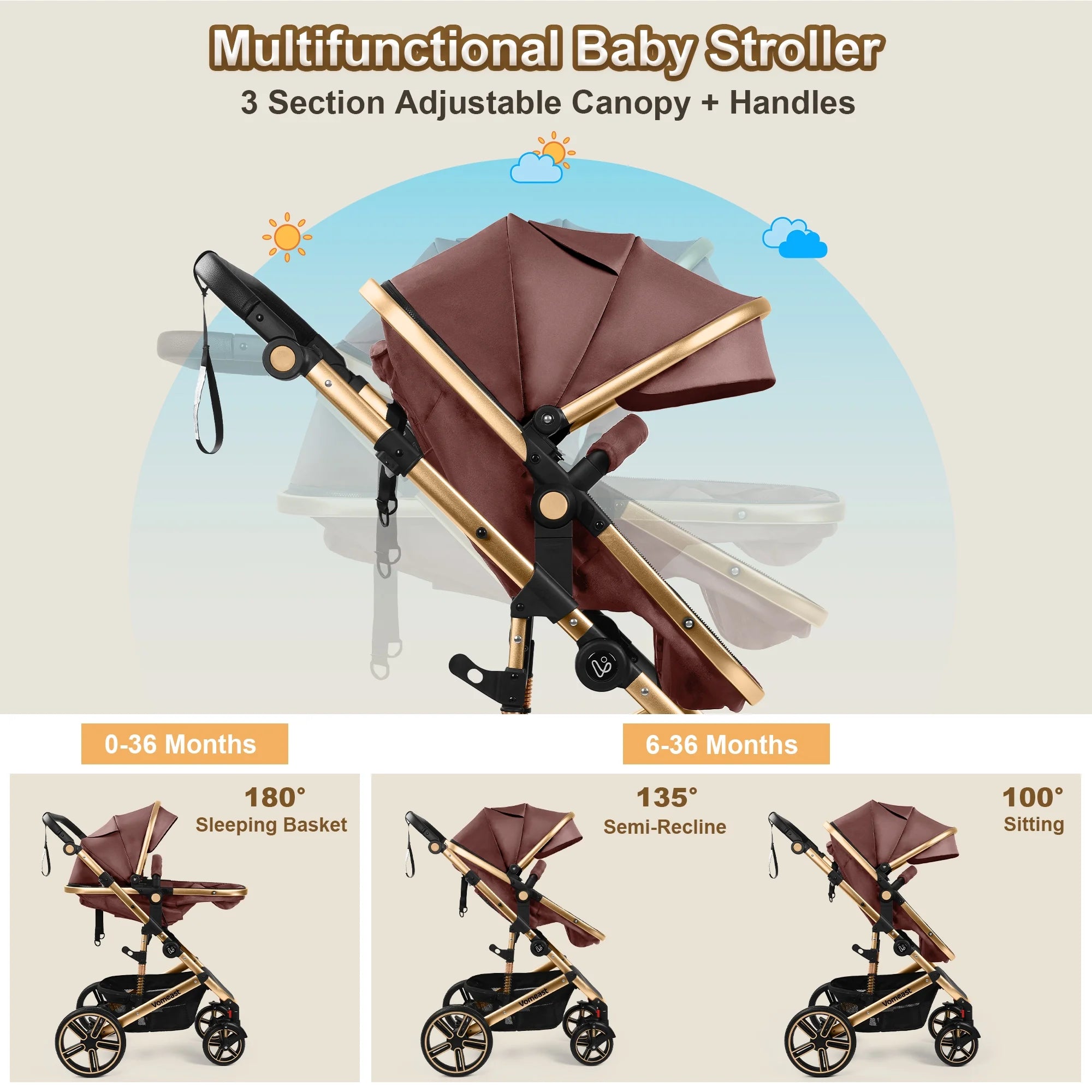 Vomeast Baby Stroller, Foldable Aluminum Alloy Stroller with Reversible, Travel Stroller for Newborn Infant, Brown